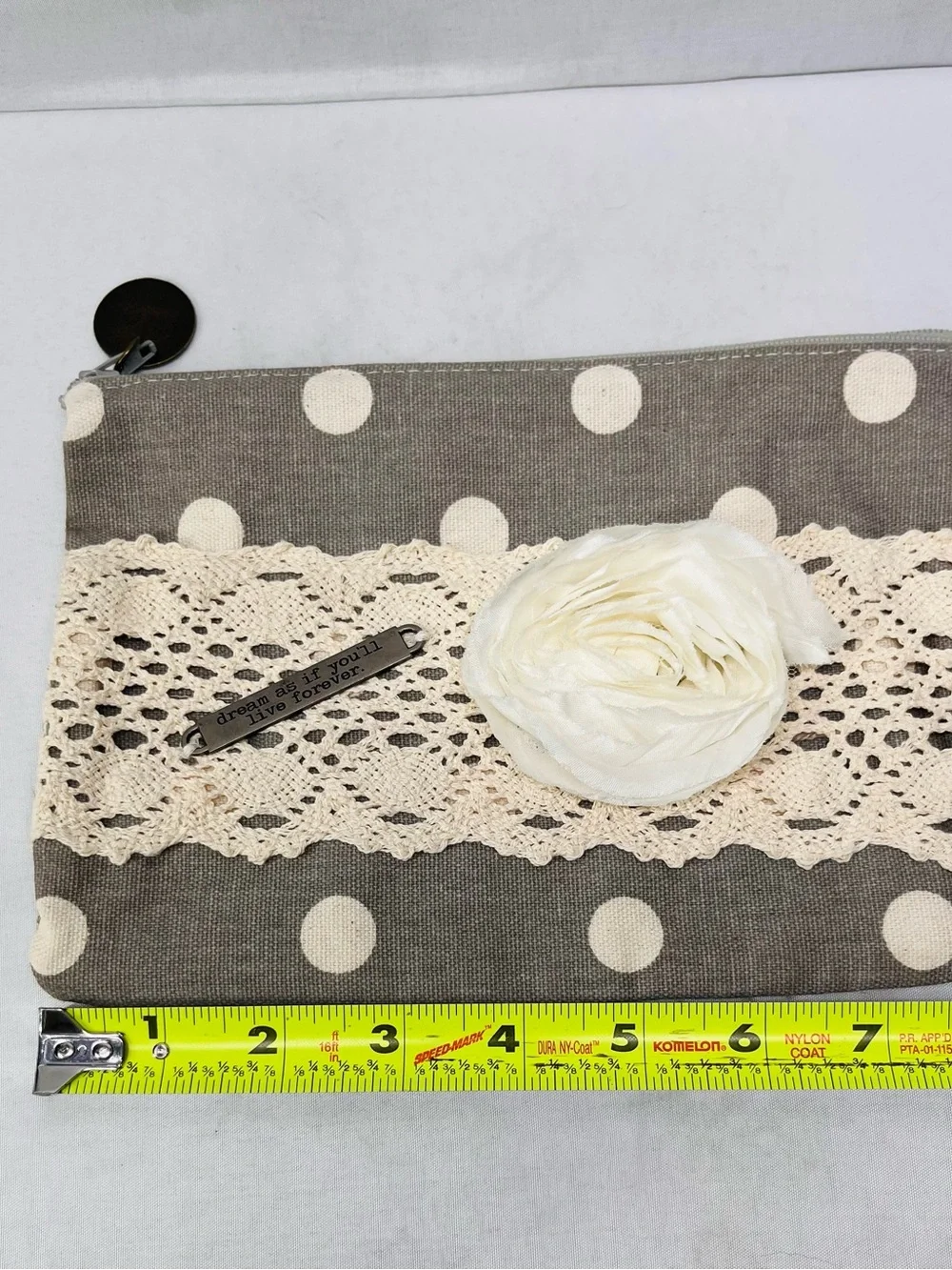 Polka Dot Lace Cosmetic Pouch with Cream Flower Accent‎